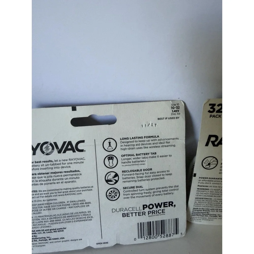 Rayovac Size 10 Hearing Aid Zinc Air Batteries 32x2 Lot of 64 New Exp 11/27 BinQ